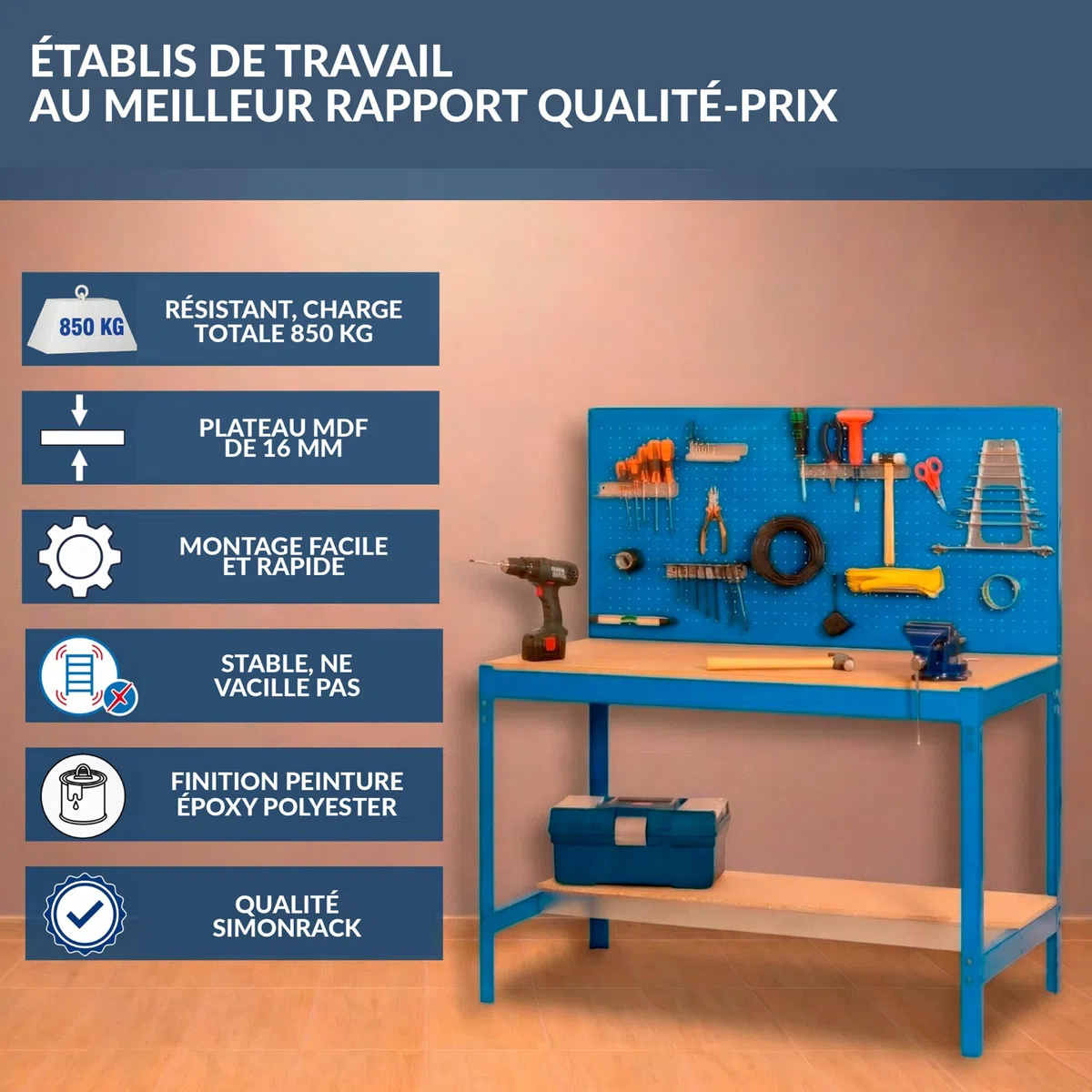 SimonRack Etabli d’Atelier, Capacité de Charge 600 kg, 1445x1510x610 mm, Panneau Perforé, Table de Travail Bricolage, Bleu/Bois - BT2