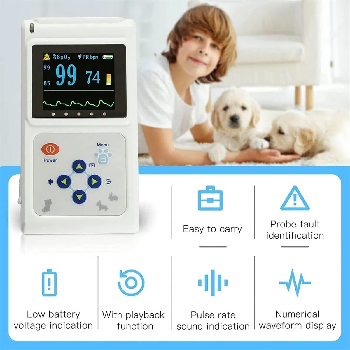 Oxymètre de pouls vétérinaire portable, moniteur de fréquence cardiaque, capteur auriculaire/lingual, avec sonde et câble USB, fonctions de stockage et de lecture