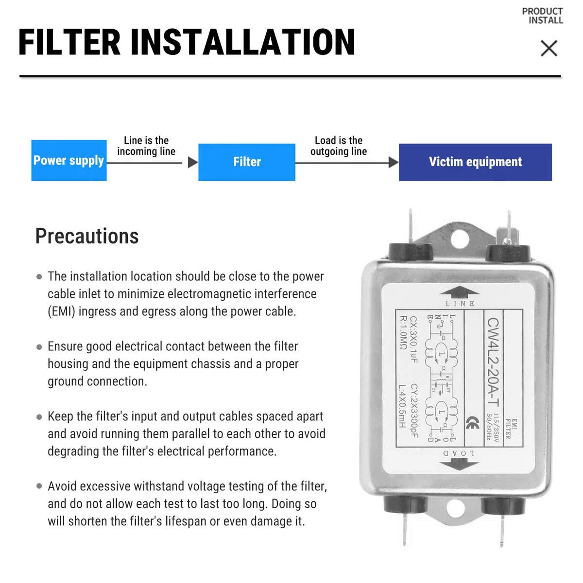 Filtre EMI, Filtres d'alimentation, Filtre de Puissance EMI, Filtres d'Interférences Electromagnétiques, 115V/250V 20A 50/60Hz, pour Équipement Mécanique (CW4L2-20A-T)