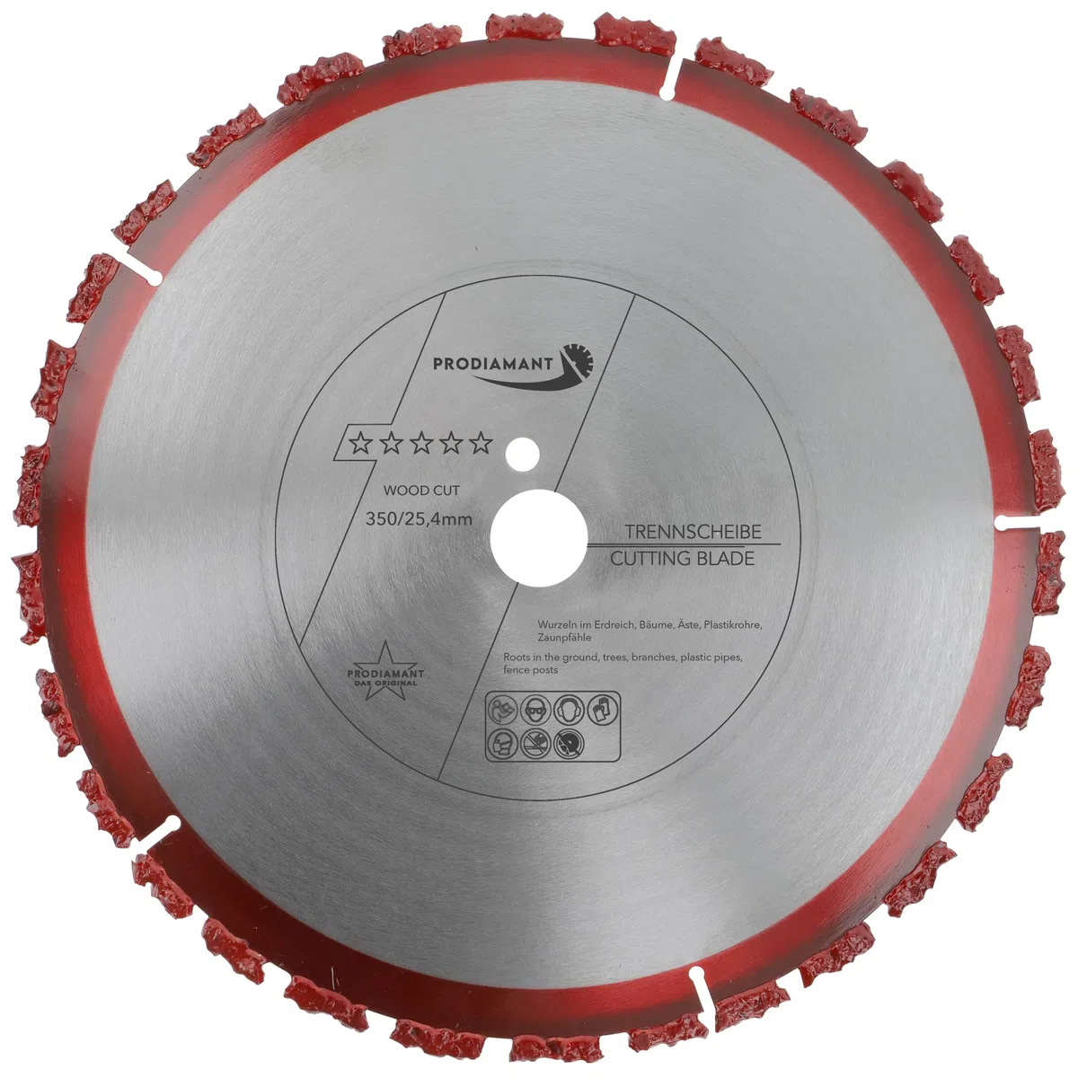 PRODIAMANT Disque à tronçonner professionnel WoodCut 350 mm x 25,4 mm Disque à tronçonner en carbure pour le bois, les racines d'arbres, le bitume et le carton bitumé pour toitures