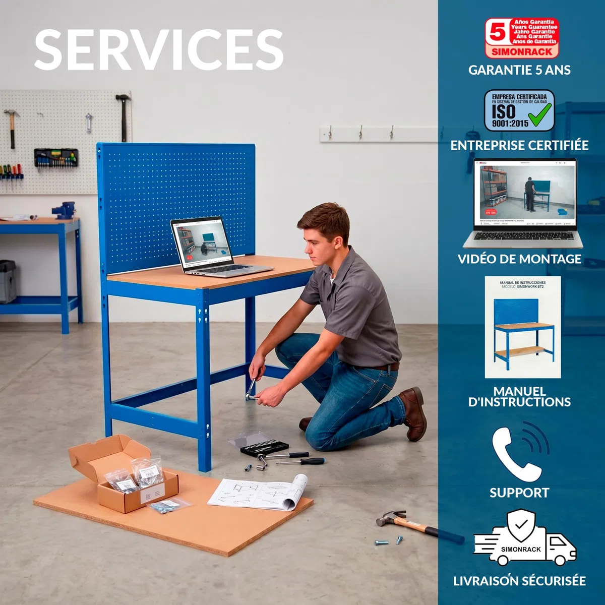 SimonRack Etabli d’Atelier, Capacité de Charge 600 kg, 1445x1510x610 mm, Panneau Perforé, Table de Travail Bricolage, Bleu/Bois - BT2