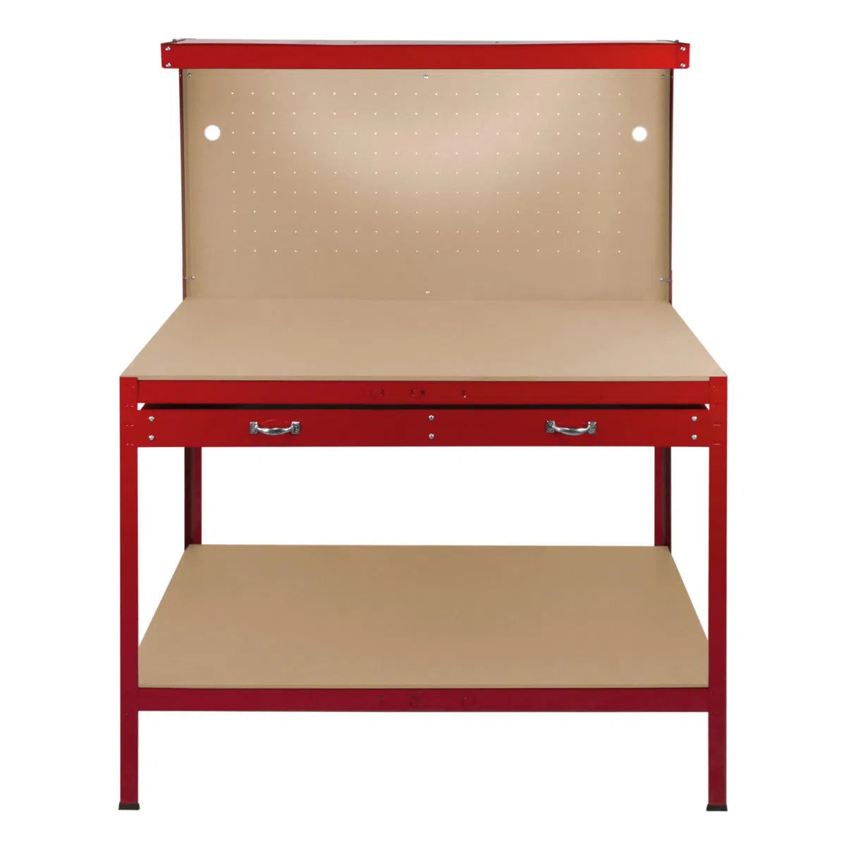 Établi de Travail 120 x 60 cm en Acier Rouge avec Tiroirs & Panneaux Perforés Capacité 370 KG LED Intégré Bricolage, Atelier, Garage Rangement Plan de Travail [40 Crochets & Maillet Inclus]