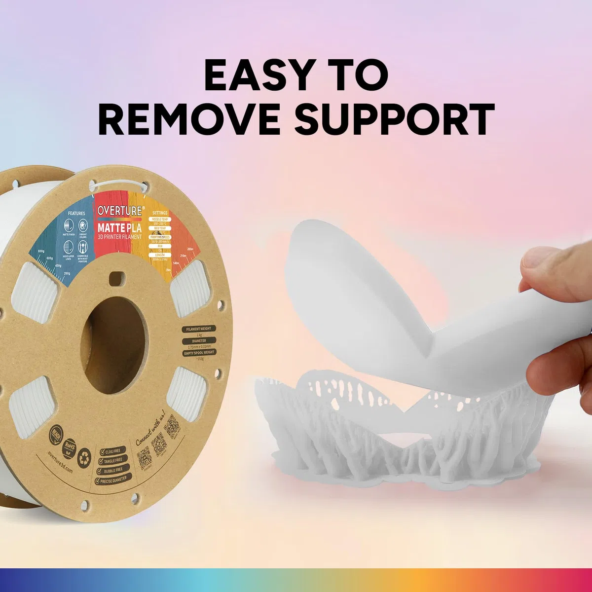 OVERTURE Filament PLA Matte 1.75mm, 1kg(2,2lbs) Neatly Wound Surface Mate Filaments pour Imprimante 3D FDM, Précision dimensionnelle +/- 0,02 mm (Blanc)