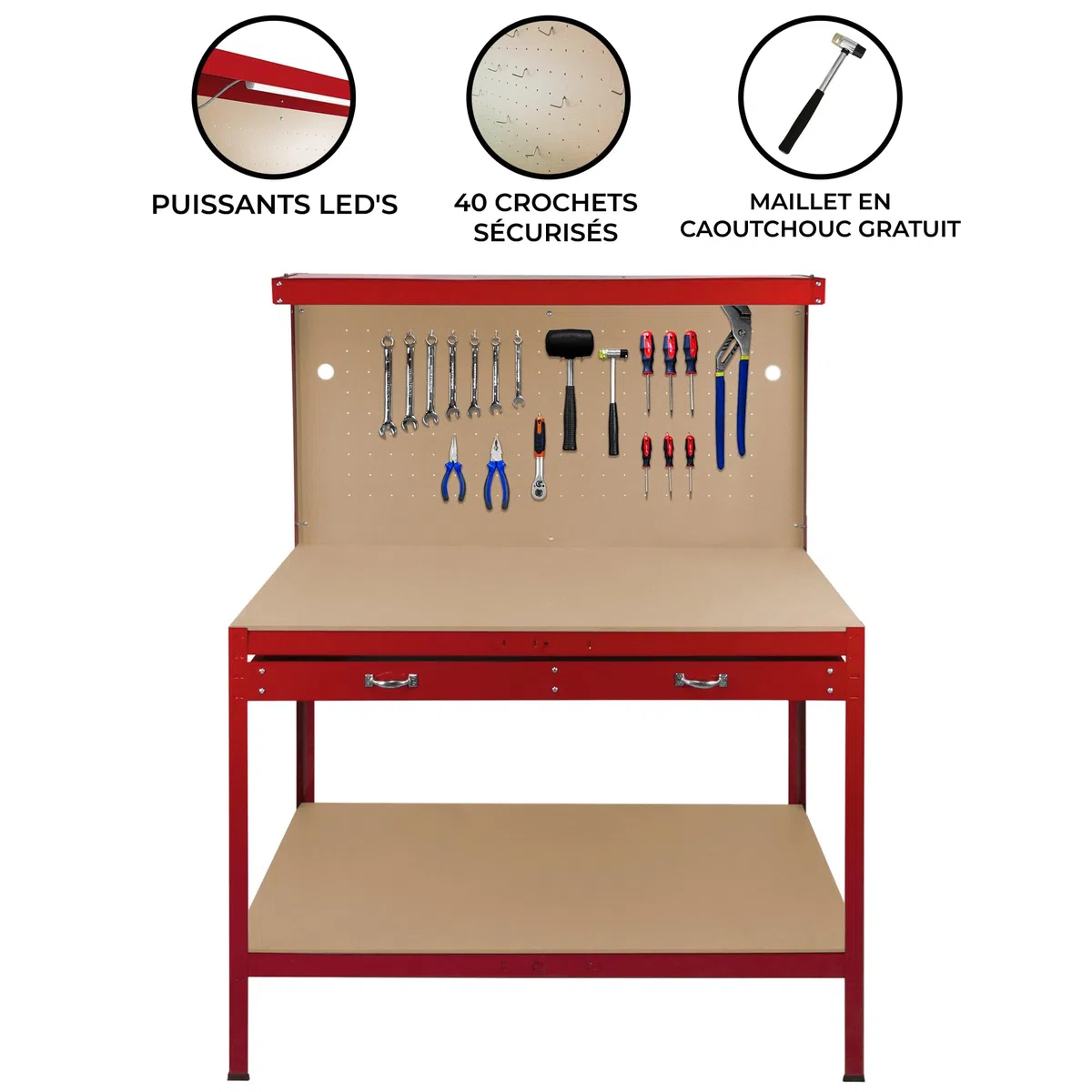 Établi de Travail 120 x 60 cm en Acier Rouge avec Tiroirs & Panneaux Perforés Capacité 370 KG LED Intégré Bricolage, Atelier, Garage Rangement Plan de Travail [40 Crochets & Maillet Inclus]