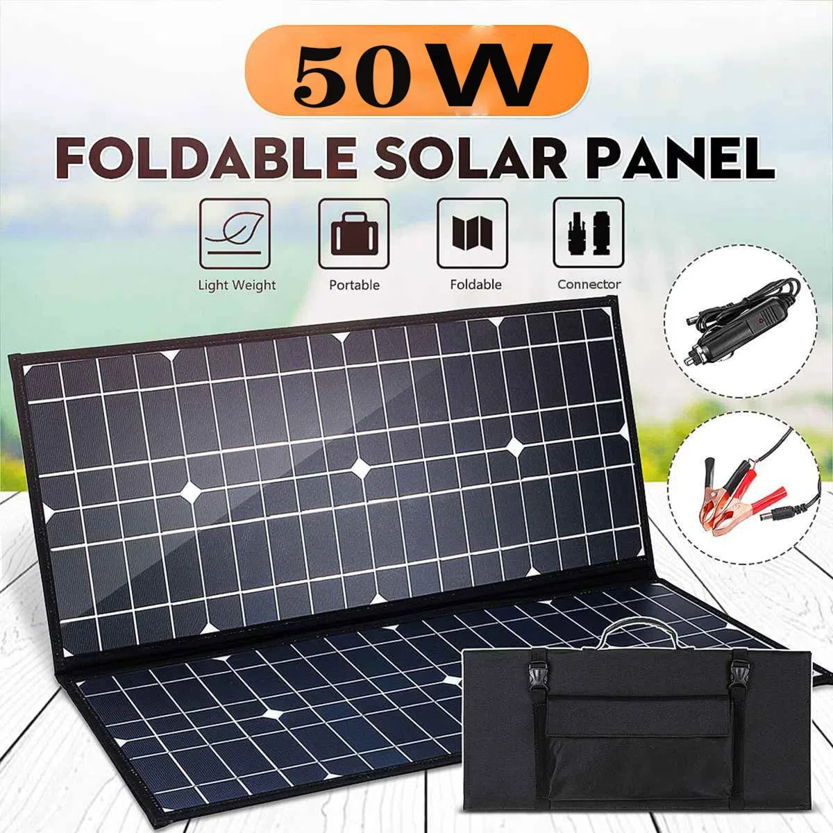 Kit de panneau solaire pliable 50W 18V, léger (560x615x7mm, 1380g), monocristallin, étanche IP65 pour camping-car, bateau