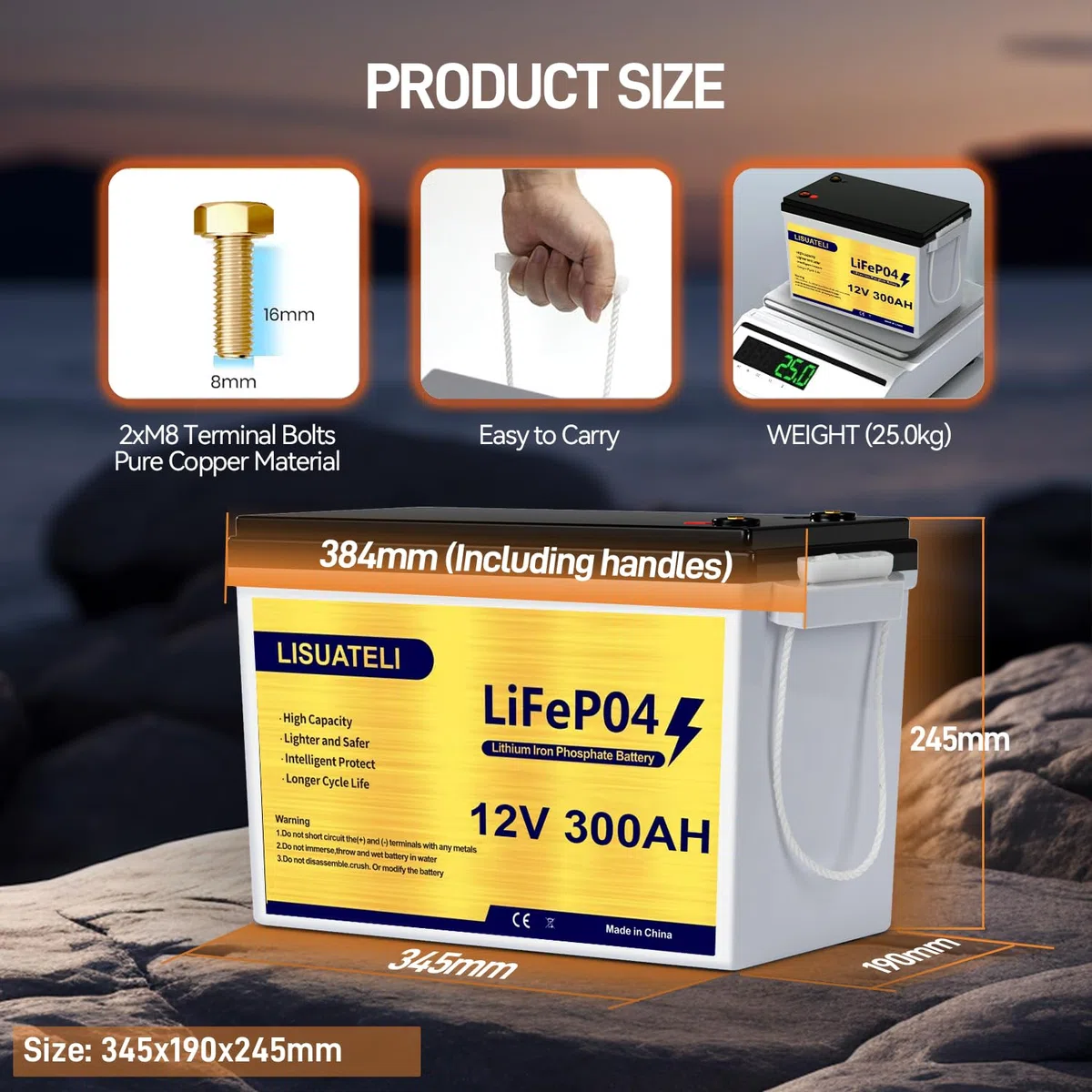 Batterie LiFePO4 12 V 300 Ah intégrée 200 A BMS 15 000 + cycles Deep Cycle Lithium Batterie MAX 3840 W Puissance prise en charge en série/commutation parallèle Parfait pour solaire, camping-car, hors