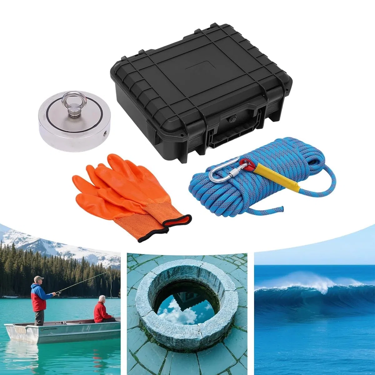 Kit de pêche à l'aimant avec Une Force de Traction de 3000 Livres, Une Corde de 66 Pieds, Un étui et des Gants pour récupérer des Objets dans Les rivières, Les Lacs et sur Les plages.