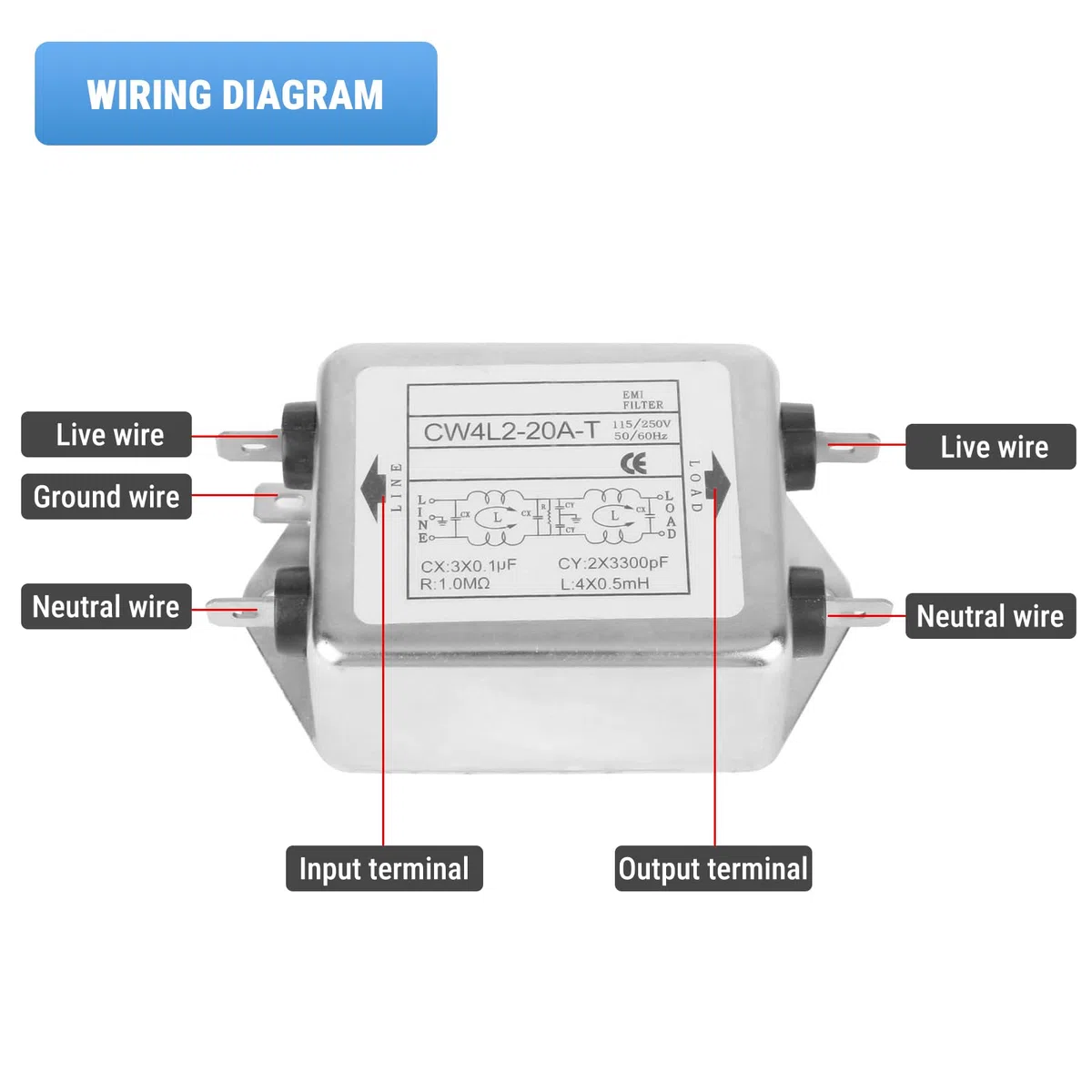 Filtre EMI, Filtres d'alimentation, Filtre de Puissance EMI, Filtres d'Interférences Electromagnétiques, 115V/250V 20A 50/60Hz, pour Équipement Mécanique (CW4L2-20A-T)