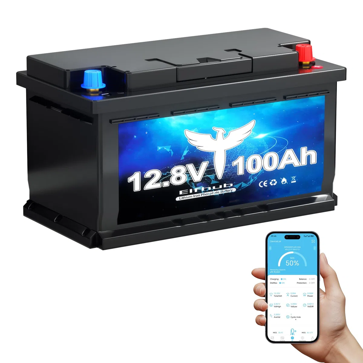 LiFePO4 Batterie de voiture 12 V 100 Ah Bluetooth 100 A BMS Plus de 5000 fois cycle profond Batterie au lithium 1280 W Protection d'arrêt à basse température pour camping-car, camping, bateau,