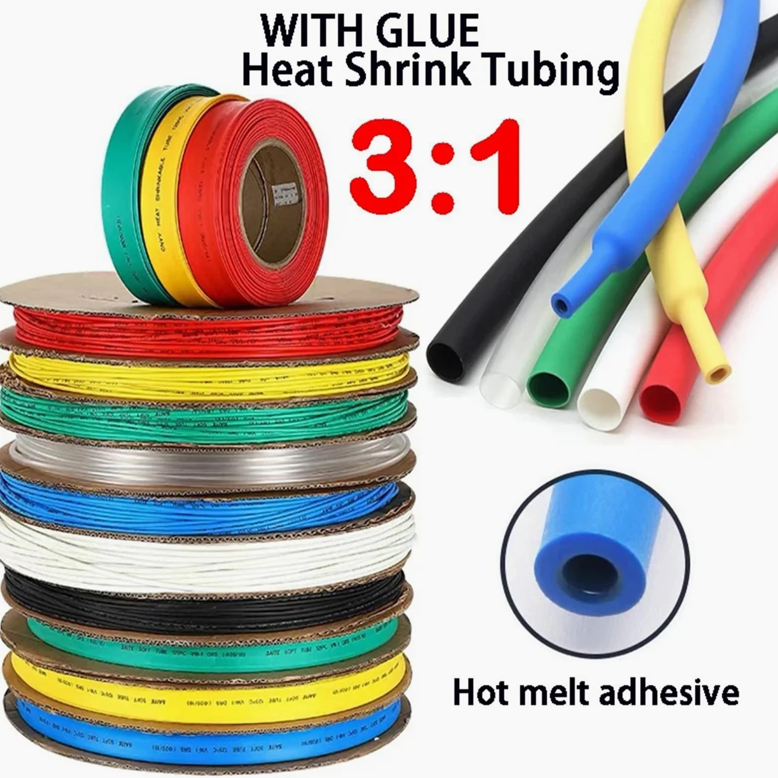 Gaine ThermoréTractable Gaine thermorétractable noire en polyoléfine, 10/50/100 m, 200 m, 3:1, avec colle, rapport de rétrécissement assorti, gaine adhésive for câbles métalliques(White,4.8mm,200m)