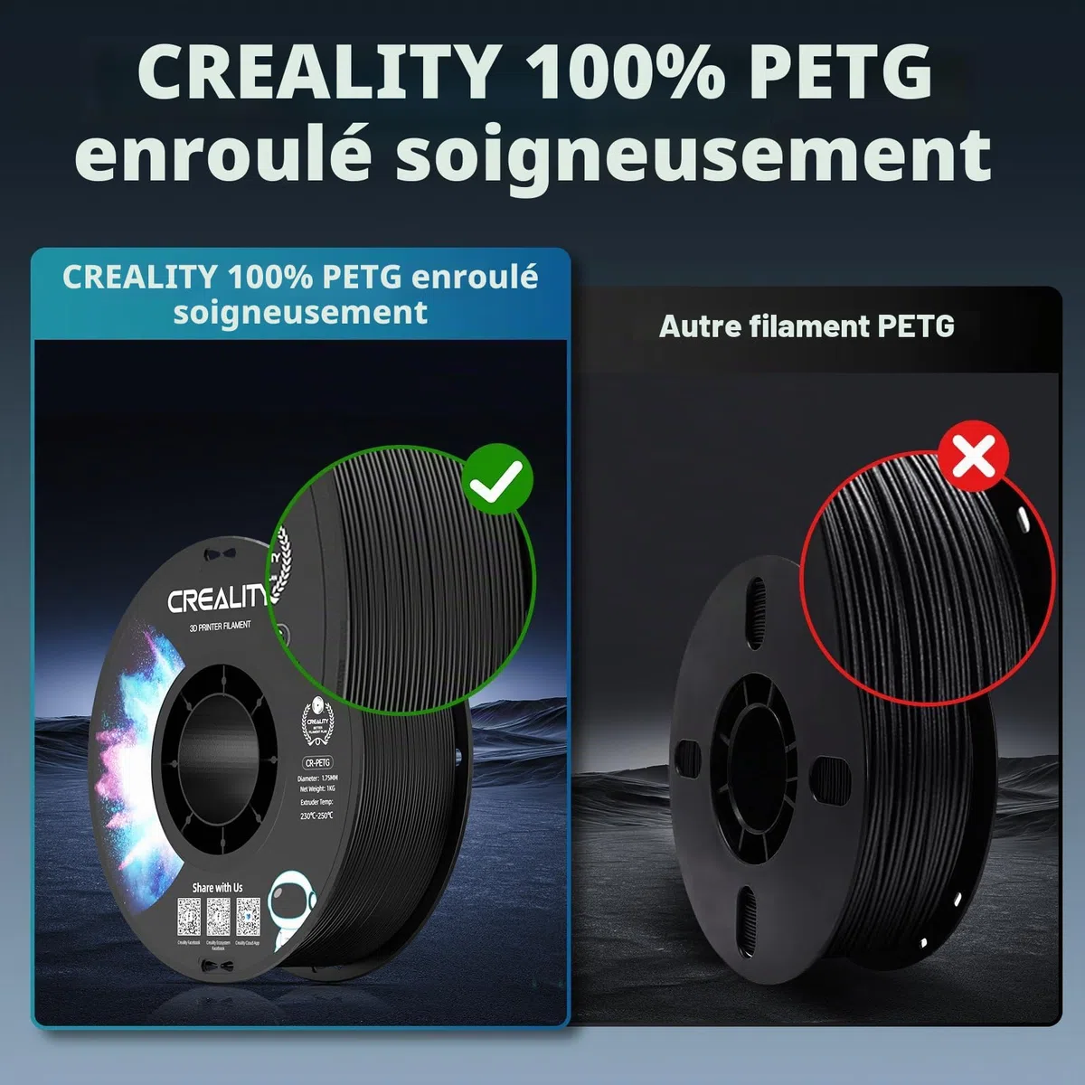 Creality PETG Filament,1.75 mm PETG Pour Imprimante 3D:Excellente Résistance Haute Précision Dimen+/- 0,02 mm Bobine de 1kg(2,2 lb), for Avec la Plupart Des Imprimantes 3D FDM,CR PETG Noir