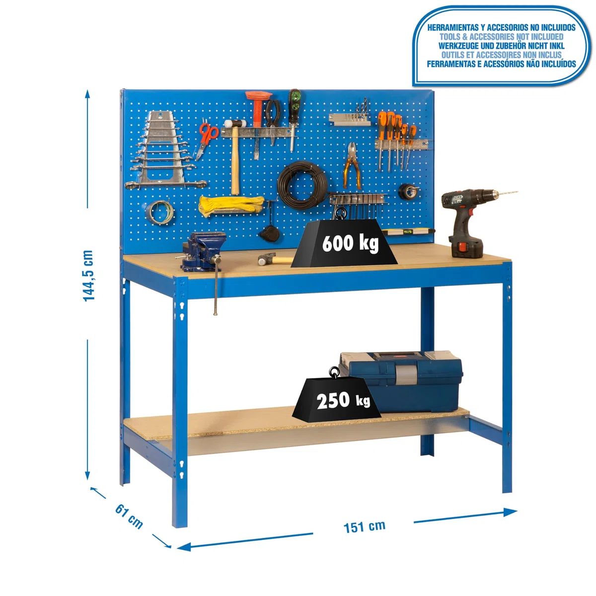 SimonRack Etabli d’Atelier, Capacité de Charge 600 kg, 1445x1510x610 mm, Panneau Perforé, Table de Travail Bricolage, Bleu/Bois - BT2