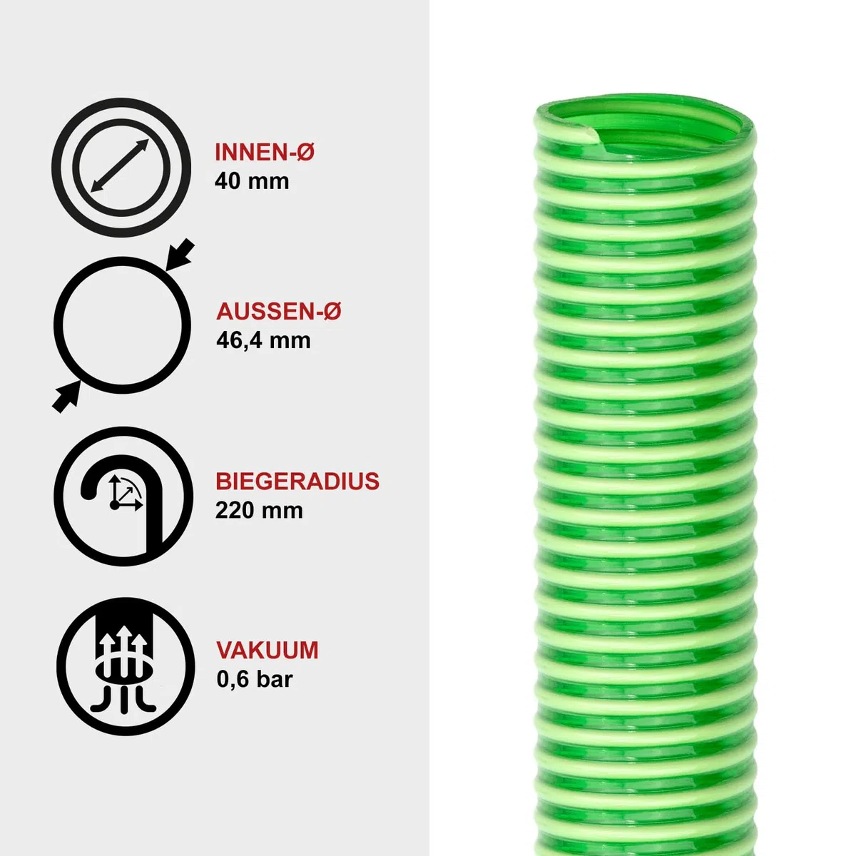 FLEXTUBE GR Ø 40mm Longueur 30m Tuyau spirale en PVC comme tuyau d'aspiration et de refoulement, poids moyen, flexible, vert, transparent