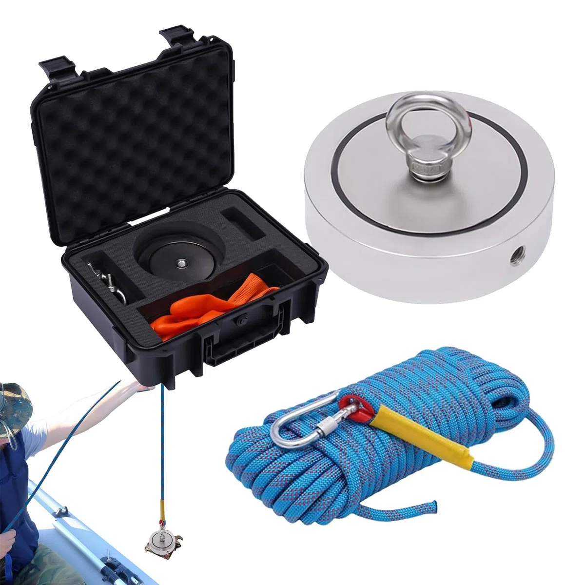 Kit de pêche à l'aimant avec Une Force de Traction de 3000 Livres, Une Corde de 66 Pieds, Un étui et des Gants pour récupérer des Objets dans Les rivières, Les Lacs et sur Les plages.