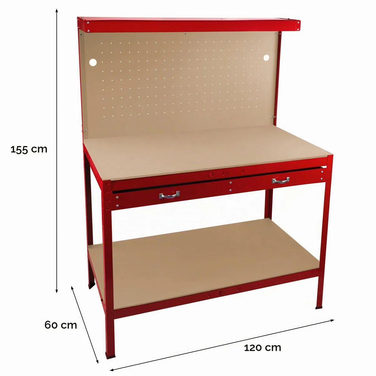 Établi de Travail 120 x 60 cm en Acier Rouge avec Tiroirs & Panneaux Perforés Capacité 370 KG LED Intégré Bricolage, Atelier, Garage Rangement Plan de Travail [40 Crochets & Maillet Inclus]