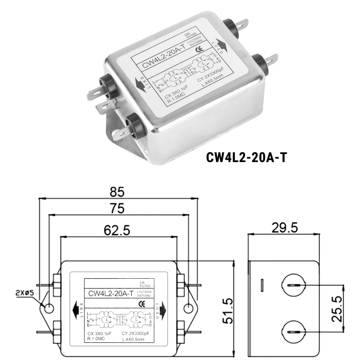 Filtre EMI, Filtres d'alimentation, Filtre de Puissance EMI, Filtres d'Interférences Electromagnétiques, 115V/250V 20A 50/60Hz, pour Équipement Mécanique (CW4L2-20A-T)