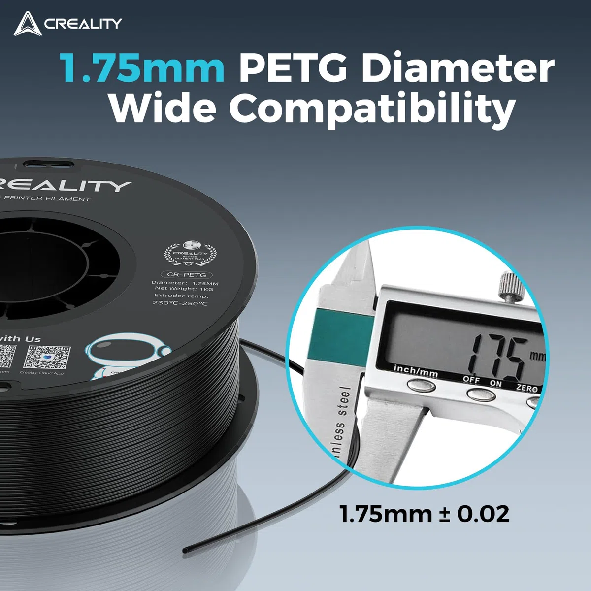 Creality PETG Filament,1.75 mm PETG Pour Imprimante 3D:Excellente Résistance Haute Précision Dimen+/- 0,02 mm Bobine de 1kg(2,2 lb), for Avec la Plupart Des Imprimantes 3D FDM,CR PETG Noir