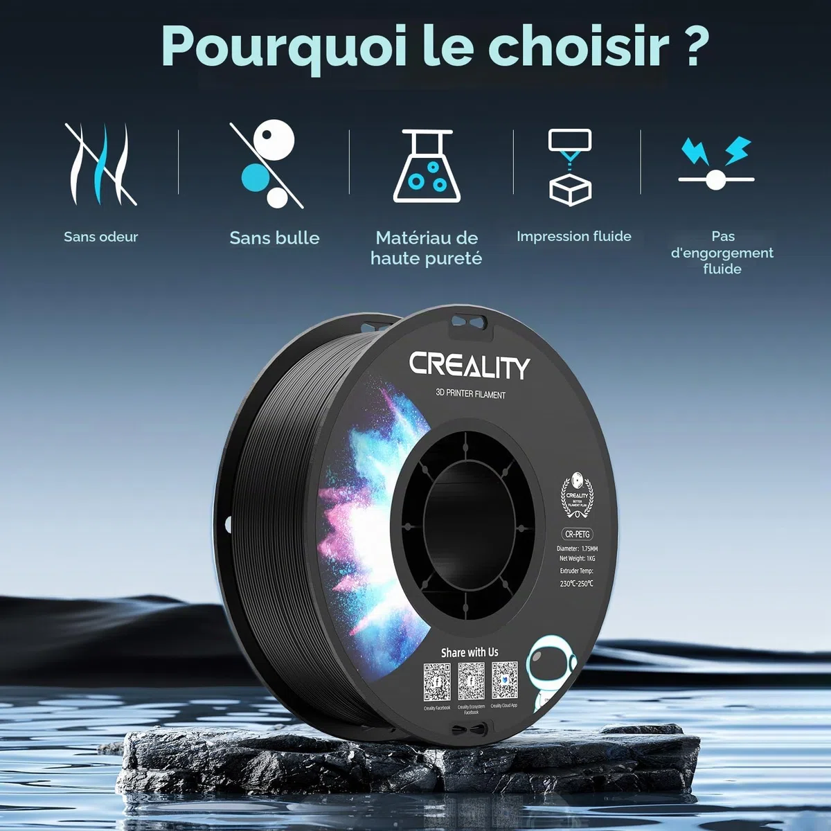 Creality PETG Filament,1.75 mm PETG Pour Imprimante 3D:Excellente Résistance Haute Précision Dimen+/- 0,02 mm Bobine de 1kg(2,2 lb), for Avec la Plupart Des Imprimantes 3D FDM,CR PETG Noir