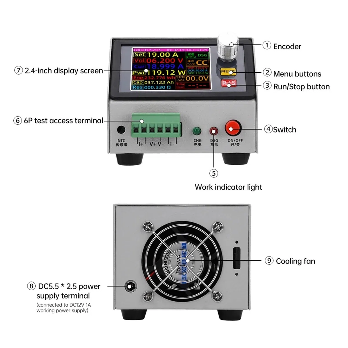 Testeur de charge électronique à commande numérique CC 12 V 1 A, écran couleur 2,4 pouces, courant constant, tension 0 150, 20 A, W Mesure de résistance