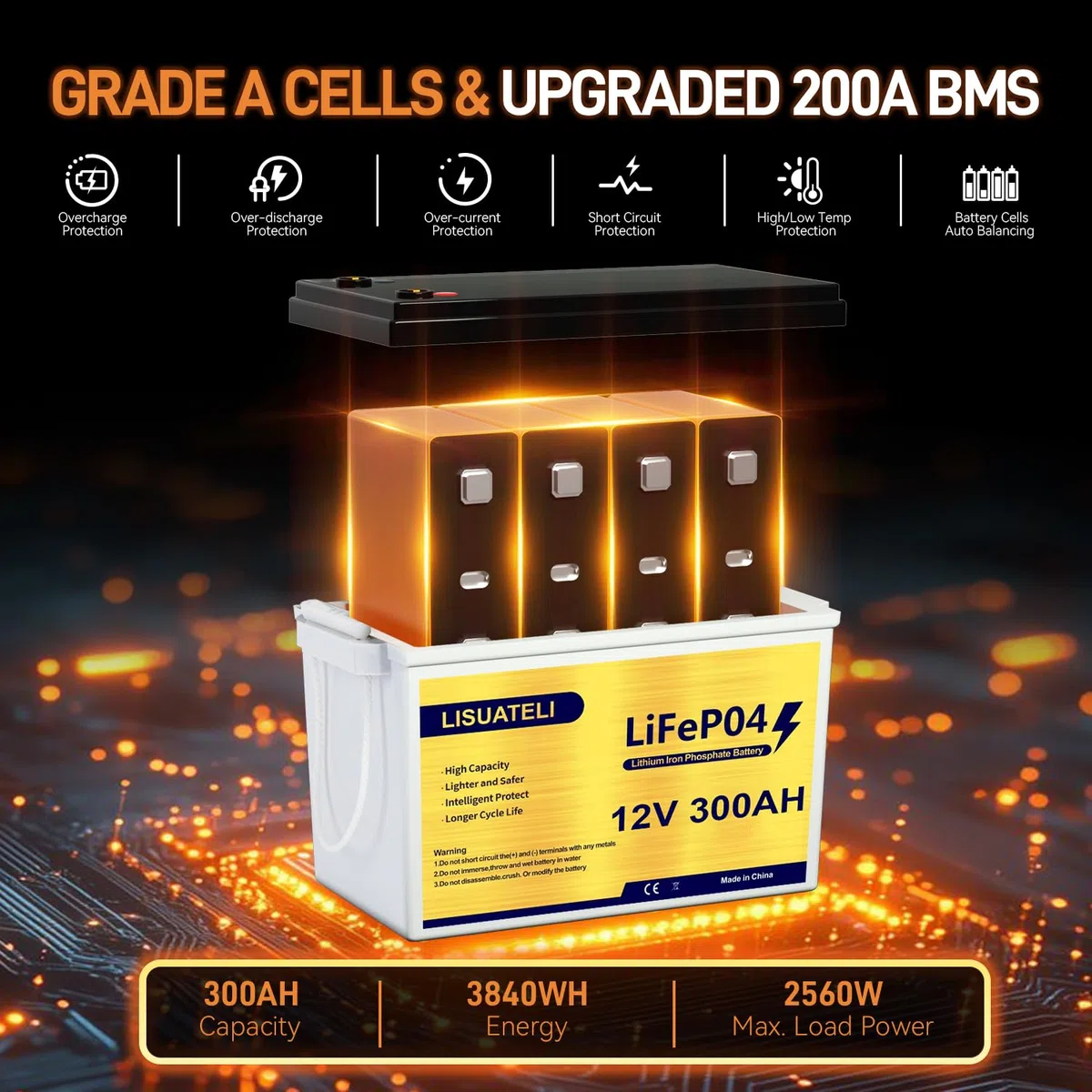 Batterie LiFePO4 12 V 300 Ah intégrée 200 A BMS 15 000 + cycles Deep Cycle Lithium Batterie MAX 3840 W Puissance prise en charge en série/commutation parallèle Parfait pour solaire, camping-car, hors
