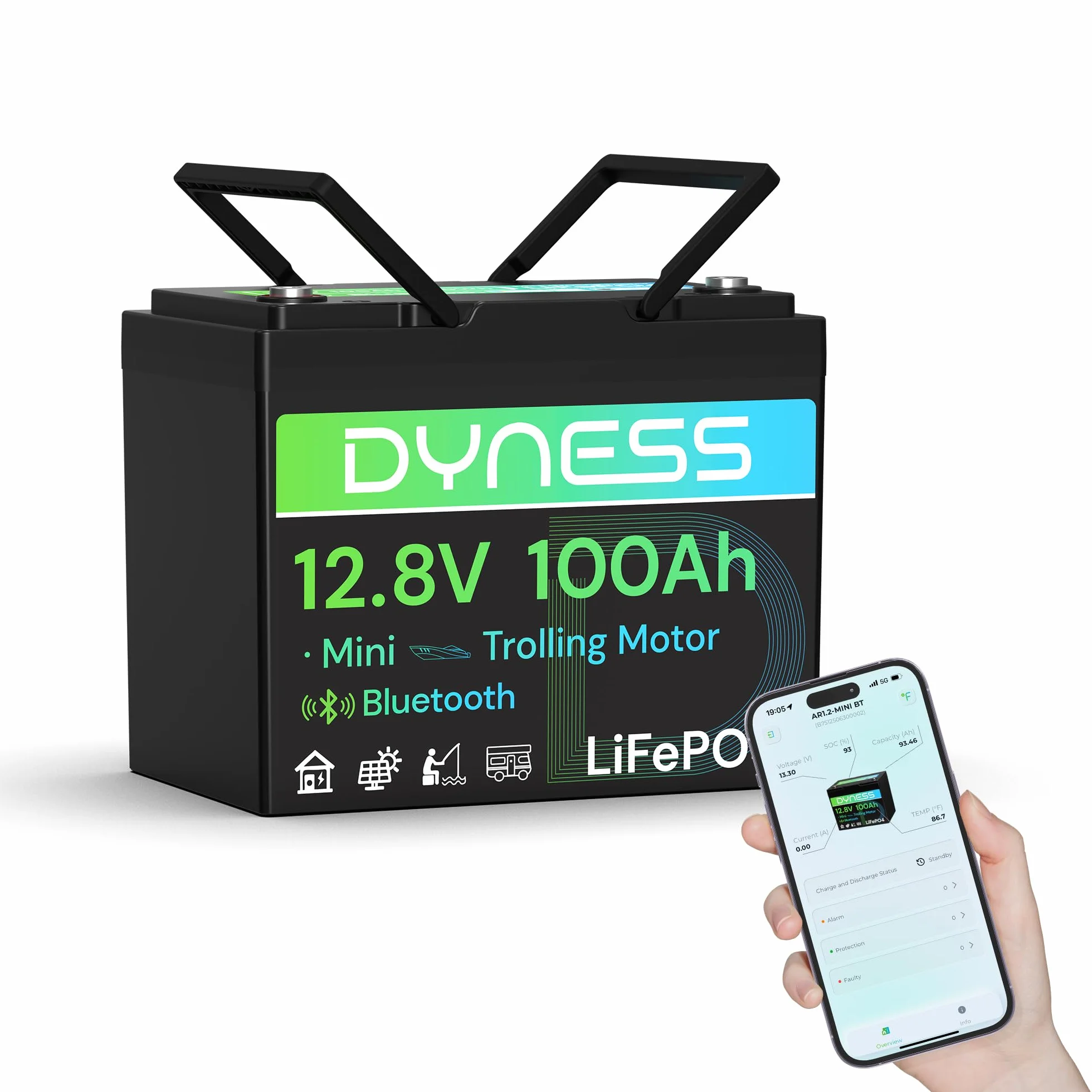 Dyness Batterie Lithium 12V 100 Ah Mini Bluetooth LiFePO4 avec Protection 100A BMS, Batterie Lithium Camping-Car pour kit Panneau Solaire, Caravane, Bateau, Marine