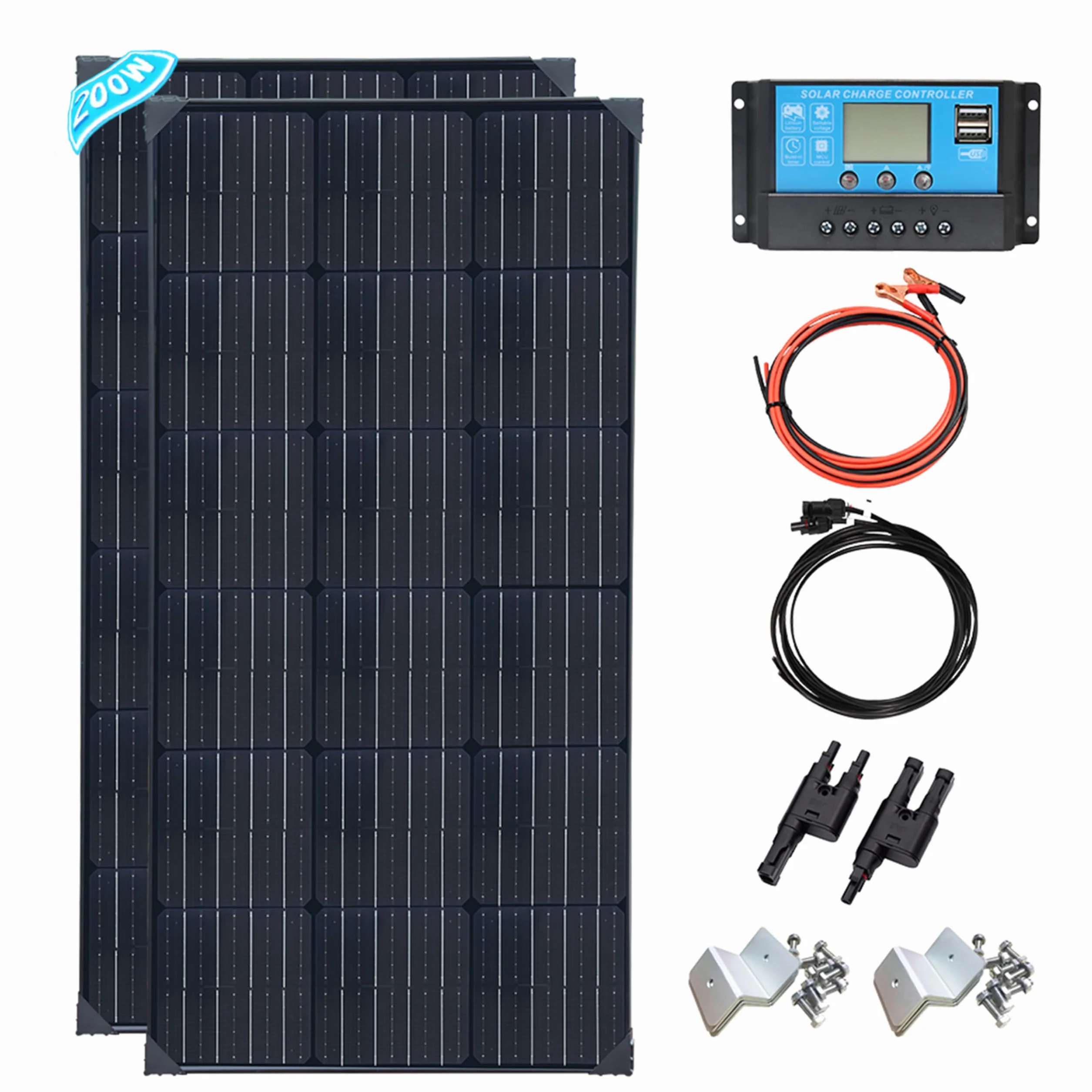 XINPUGUANG 200w 12v panneau solaire système 2 x 100 watt panneaux solaire 20A contrôleur de charge solaire pour Camping-car, Bateau, Caravane, hangar (200.00, Watts)