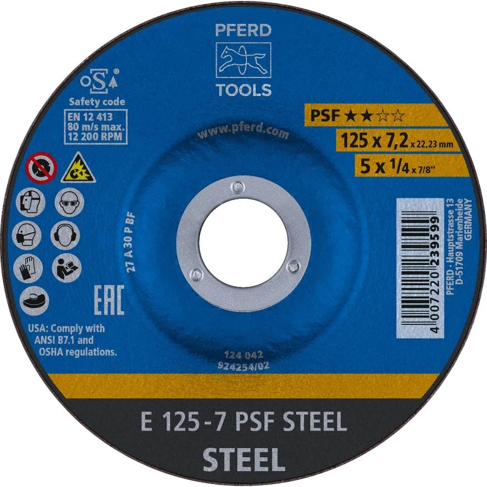 PFERD TOOLS Disque à ébarber, 5 pièces | 125 x 7,2 x 22,23 mm, à moyeu déporté, PSF STEEL | 69298071 – pour acier