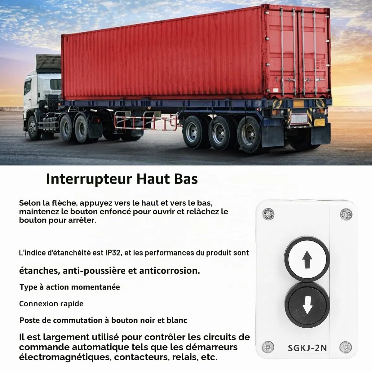 Interrupteur de la touche, SGKJ-2N Interrupteur à bouton-poussoir pour porte roulante Interrupteur de volet roulant Station Haut Bas Porte de camion Interrupteur mural étanche Ta