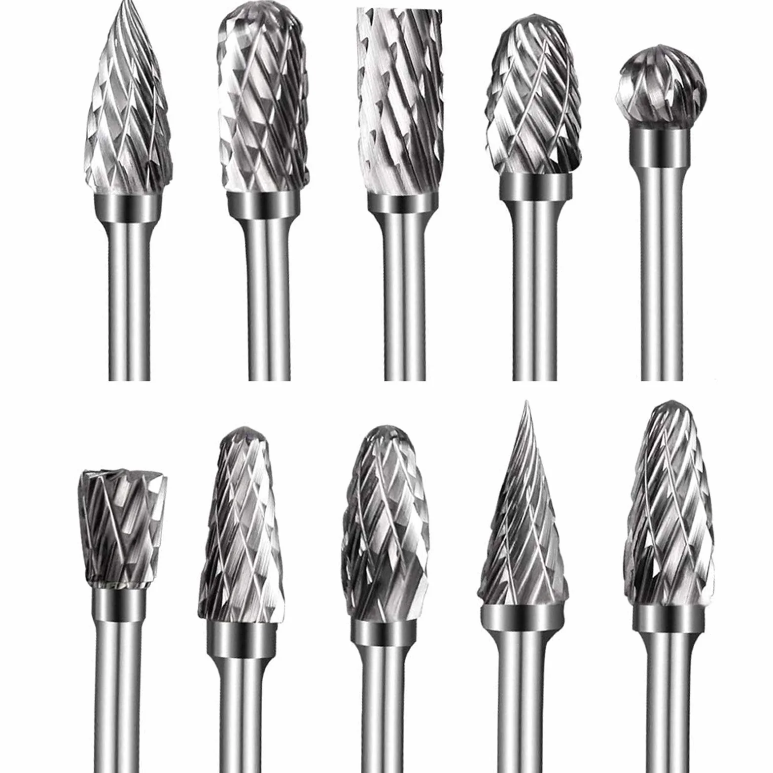 Fraises sur tige en Carbure de Tungstène à Double Coupe, 10 pièces Kit de fraises rotatives de 1/8” Tête d'affûtage de 6 mm pour Sculpture sur bois, Polissage métaux, Gravure, Perçage
